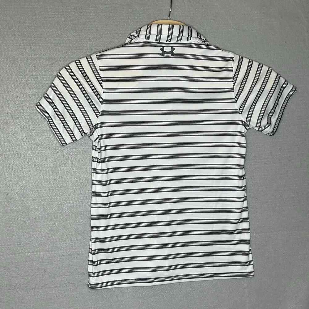 Under Armour Men Sz S HeatGear Gray White Stripe Short‎ Sleeve Performance Shirt